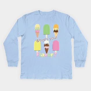 What's Your Flavor? Cute Ice Cream Cones & Popsicle Ice Block Sticks on Yellow Kids Long Sleeve T-Shirt